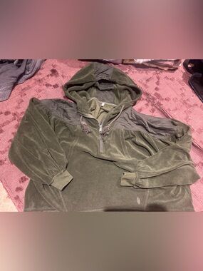 FP Movement by Free People Olive Green Velour Hoodie Sweatshirt